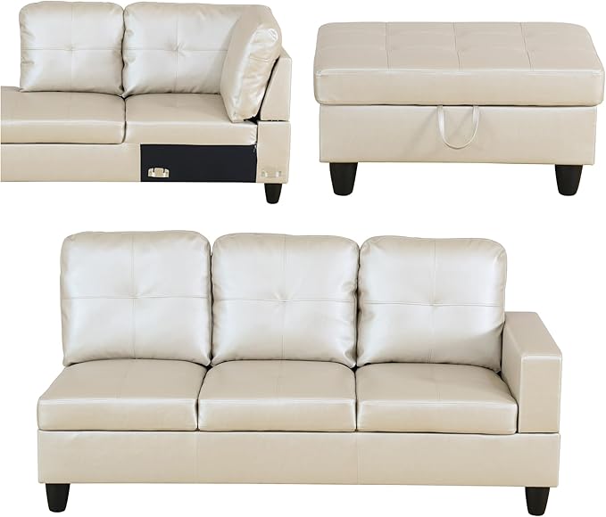 L Shaped Sectional Sofa with Ottoman,Leather Right Facing Modern Couches with Cup Holder for Living Room, Bedroom, Office, Glistening White