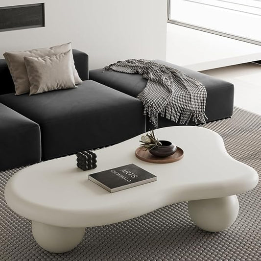 47.2” Cloud Coffee Table with 3 Ball Legs, Modern Irregular Center Table for Living Room, Low Cute Small MDF Tea Table for Bedroom, Space Apartment Cream White