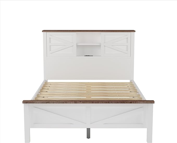 3-Pieces Bedroom Sets, Full Size Farmhouse Platform Bed with Cabinet and Nightstand, Wood Bedroom Furniture Set with Storage Headboard, No Box Spring Needed (White+Brown/77)