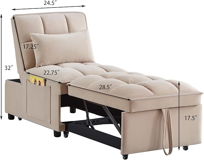 Ball & Cast 4 in 1 Convertible Sleeper Chair, Velvet Single Sofa Bed with Side Pockets,Pull Out Couch with Adjustable Backrest and Pillow, Multi-Function Chaise Lounge for Livingroom,Taupe