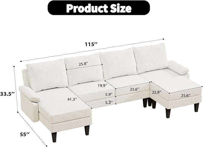 Sectional Couches for Living Room, Convertible 4 Seat Modular Sectional Sofa Set for Living Room, L Shaped Couch or U Shaped Couch with Ottoman for Apartment, White