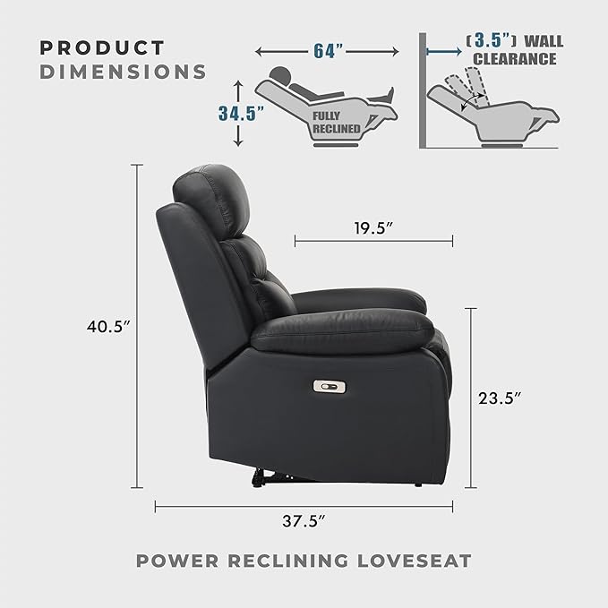 Lexicon Recliner Sofa for Living Room, Double Reclining RV Couch, Power Wall Hugger Recliner Home Theater Seating Leather Match Reclining Sofa, with USB Charge Port, 64''W Loveseat, Black
