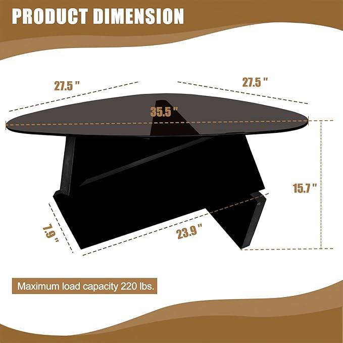 Black Coffee Table for Living Room 35.5'' x 27.5'' x 15.7'' Modern Glass Triangle Center Table with Tempered Glass Top, Cool Solid Wood Tea Table for Small Spaces & Home Office