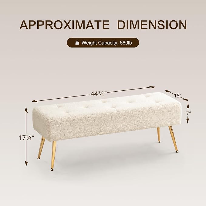Furnimart Faux Fur Boho Bench Ottoman Upholstered Tufted Bench with Padded Seat, Footrest Foot Stool with Sturdy Metal Leg, for Bedroom Living Room Entryway - Image 3