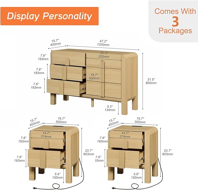WAMPAT 3 Piece Dresser and Nightstand Sets for Bedroom, 47.2" W Modern 6 Drawer Dresser & 23.7” Tall Nightstand Set of 2 with Charging Station for Bedroom, Curved Profile Design, Oak