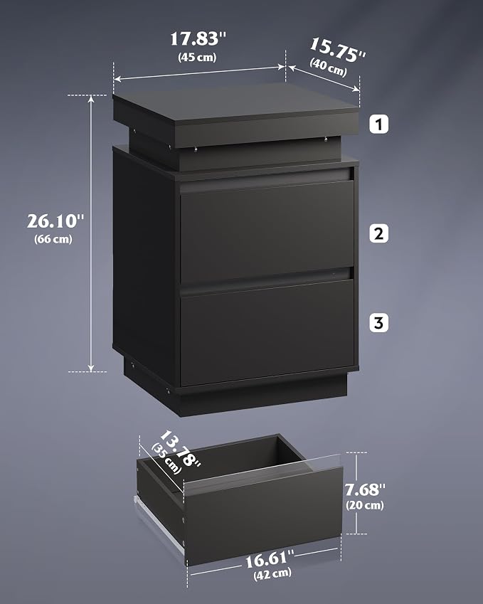 WLIVE Tall Black Nightstand with LED Lights and Charging Station, Modern Night Stand Bedside Table with 2 Wooden Drawers and Sliding Top, End Side Table for Bedroom, Living Room, Office - Image 3