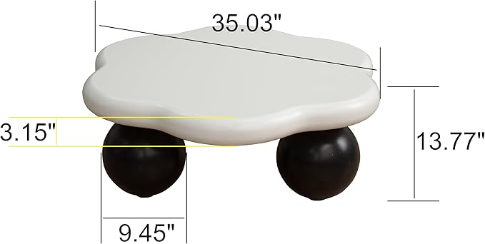 35" Cloud Coffee Table with 3 Ball Legs, Modern Minimalist Petal Center Table for Living Room, Low Cute Small MDF Tea Table for Bedroom, Small Space Apartment-White Black