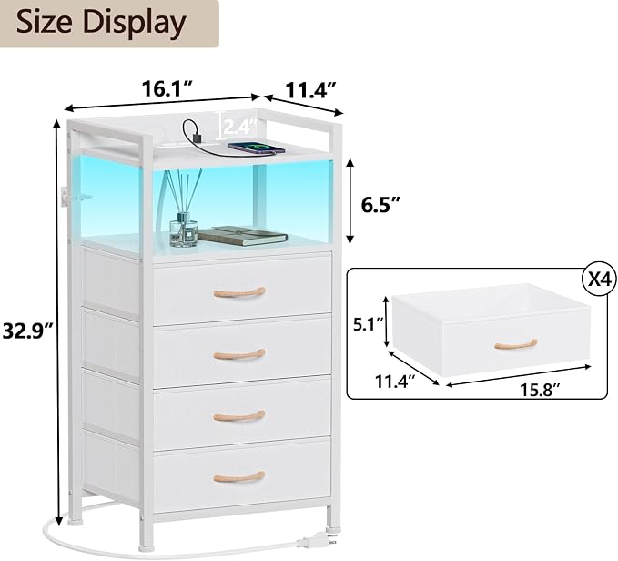 Furnulem White Nightstand with Charging Station, Night Stand Side Table with Led Light, Tall Dresser for Bedroom with 4 Fabric Storage Drawers, Metal Frame, Wood Shelf(White) - Image 3