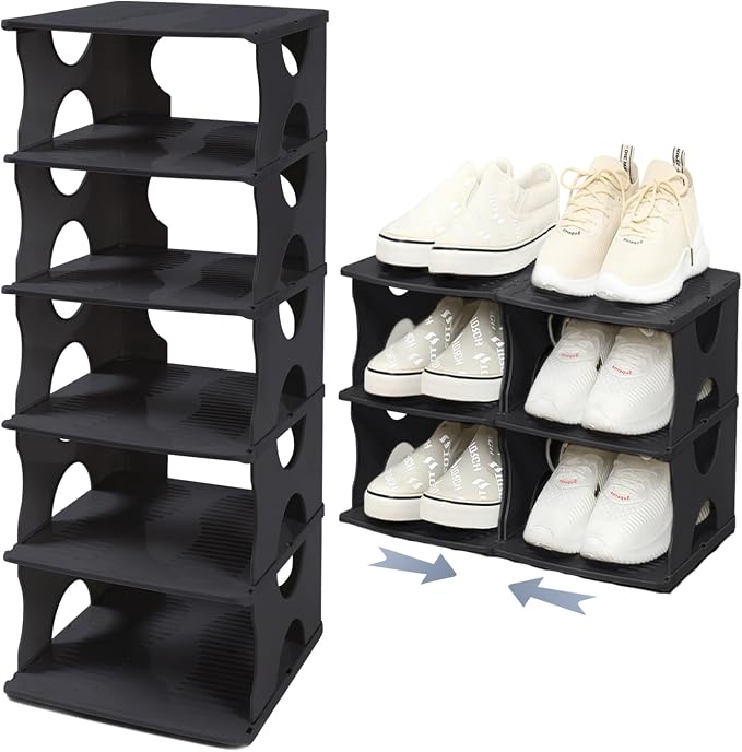 6-Tier Thickened Shoe Rack, Stackable Storage Organizer for Bedroom Entry, Adjustable Rack, Shoe Slots Shelf, Easy Tower Rack, Black by WelcometoTXALWIQ