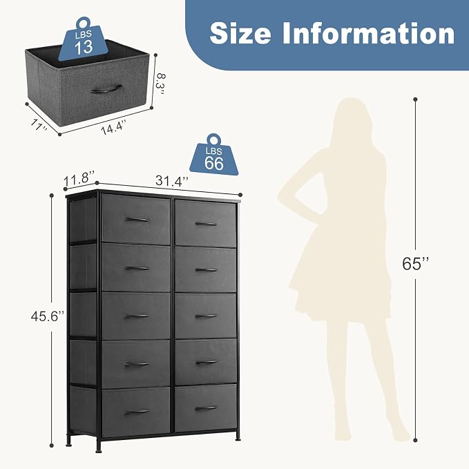 DUMOS Dresser for Bedroom, 10 Storage Drawers, Wide Fabric Closet Chests Organizer Tower Furniture with Wooden Top Metal Frame for Clothes, Guest Room, Living Room, Hallway, Entryway - Image 3