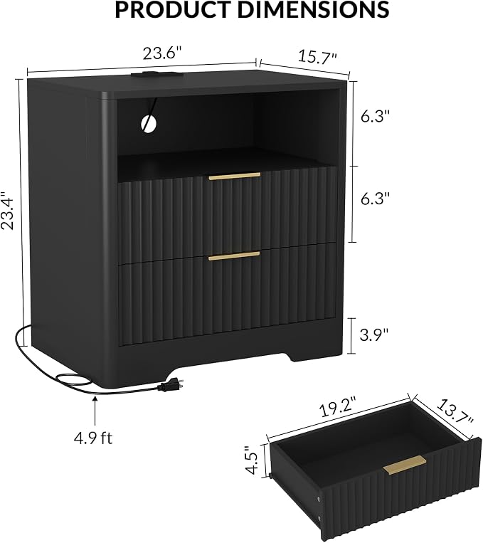 Modern Fluted Nightstands with Charging Station, Drawers, and Smart Night Light, Large Wood Nightstand with Storage Shelf, Side Tables for Bedroom, Living Room (1, Black) - Image 2