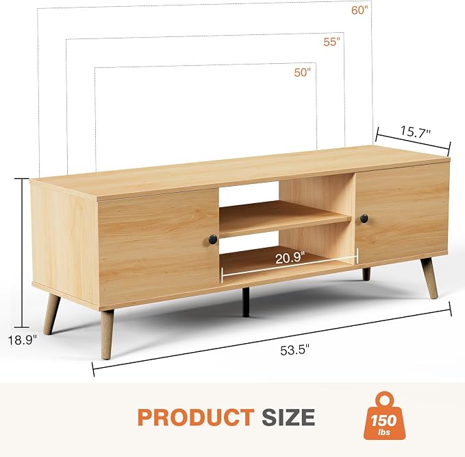 Sweetcrispy TV Stand for 55 60 inch TV, Modern Mid Century Entertainment Center with Storage, Media Console Table 2 Cabinet, Soft Hinge, Handle Door, Wooden Living Room, Office Furniture, Oak - Image 3