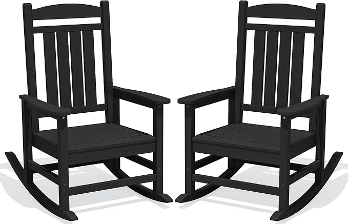 KINGYES Oversized Outdoor Rocking Chair Set of 2, High Density Polyethylene Patio Rocking Chairs with 330lbs Support for Adults, Black by KINGYES