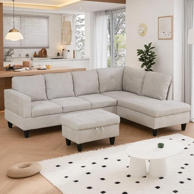 NicBex Modular L-Shaped Sectional Couches, 3-Piece Convertible Couch with Storage Ottoman, 4-Seat Comfy Sofa with Chaise for Living Room & Apartment, Off-White