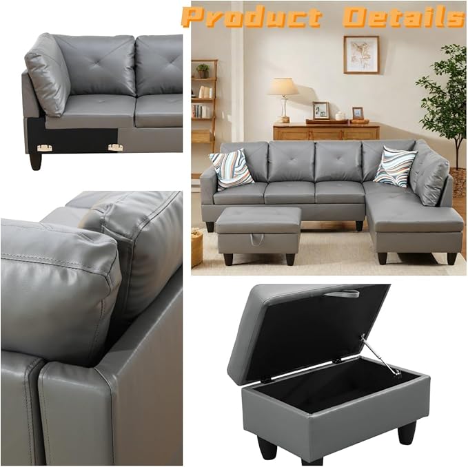 FONTOI L Shaped Sectional Couch with Otttoman, 97" Leather Sectional Sofa for Living Room Modular Couches with Cup Holders for Bedroom, Apartments, Dark Grey
