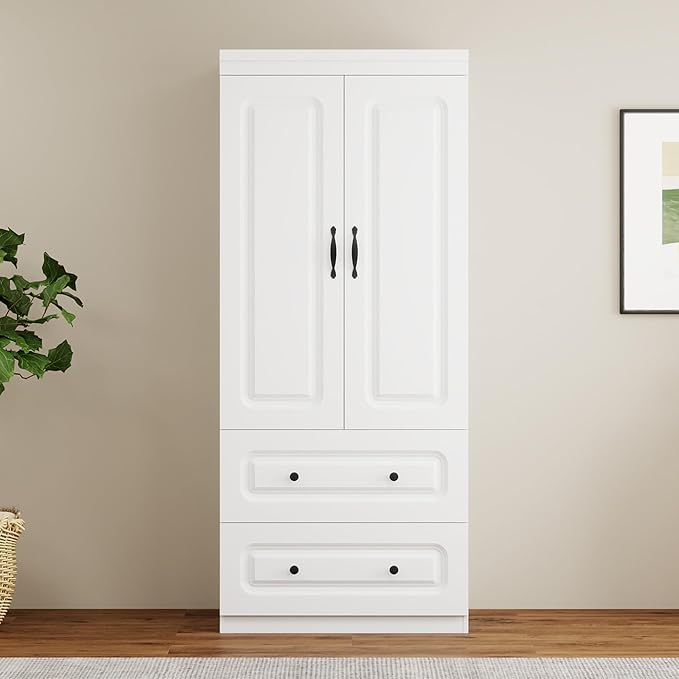 Armoire Wardrobe Closet with 2 Doors, White Cabinet with 2 Drawers and Clothes Storage Organizer, Modern Style with Hanging Rod Shleves Suitable for Bedroom(32" W x 20.5" D x 70.87" H)