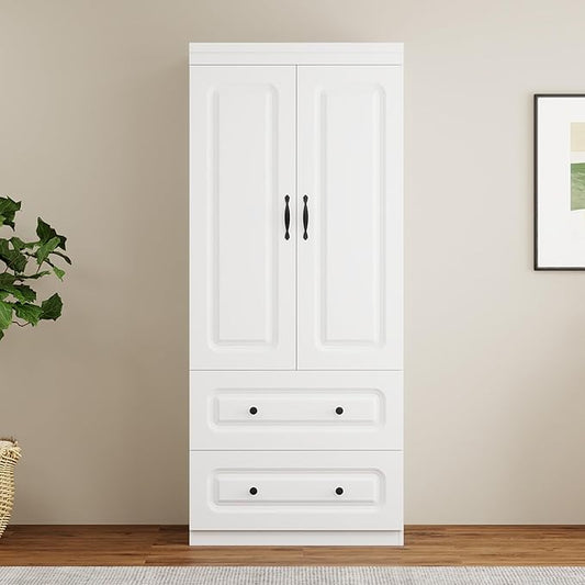 Armoire Wardrobe Closet with 2 Doors, White Cabinet with 2 Drawers and Clothes Storage Organizer, Modern Style with Hanging Rod Shleves Suitable for Bedroom(32" W x 20.5" D x 70.87" H)