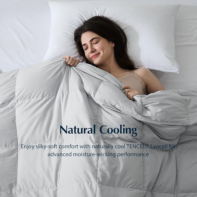 Pacific Coast Lightweight Goose Feather and Down Fiber Comforter Queen Size, Breathable Duvet Insert for Summer and Hot Sleepers, Natural Cooling Tencel Lyocell Shell, 8 Corner Tabs, Light Grey, 90x90
