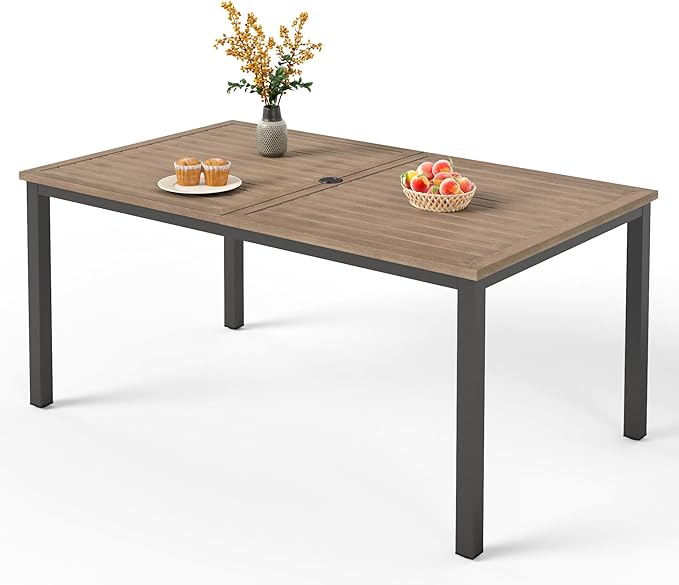 PHI VILLA 64" Rectangle Outdoor Dining Table, Patio Furniture Wood-Like Tabletop with Umbrella Hole for Patio Lawn Backyard Garden, Brown by PHIVILLA