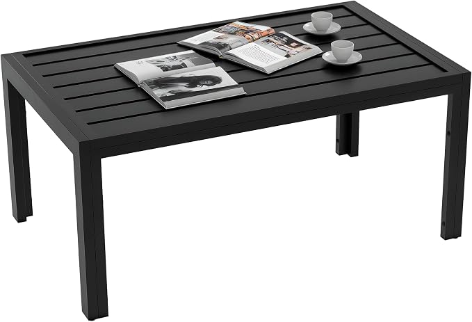 Outsunny Patio Coffee Table, Rectangle Outdoor Side Table with Steel Frame and Slat Tabletop for Garden, Balcony, Backyard, Porch, Black by Outsunny