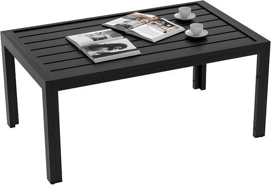 Outsunny Patio Coffee Table, Rectangle Outdoor Side Table with Steel Frame and Slat Tabletop for Garden, Balcony, Backyard, Porch, Black by Outsunny