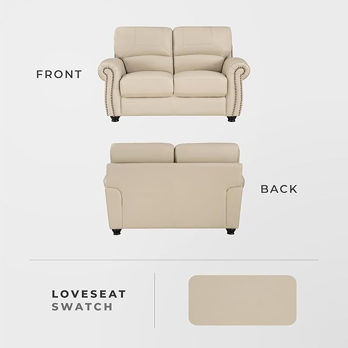 Lexicon Leather Match Couch for Living Room with Wood Frame, Rolled Armrest & Nailhead Trim, Top Grain Leather Match Sofa for Bedroom, Office, Waiting Room, 2-Seater Loveseat, Cream