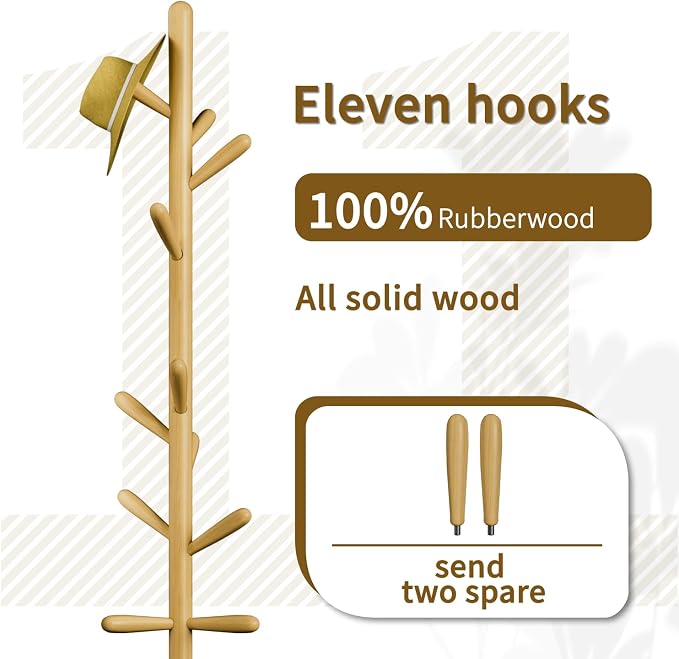 Solid Wood Coat Rack, Freestanding Tree-Shaped Coat Rack with 11 Hooks, Main Pole 1.6" dia for Clothes, Hat Stand Used in Bedroom/Office/Entryway (3-Leg Base, Natural Beige) - Image 2