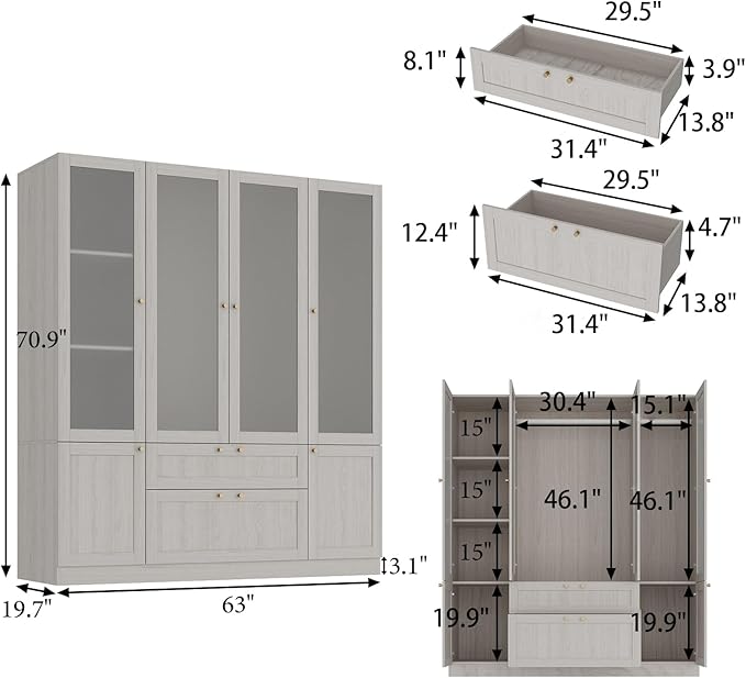 4 Door Wardrobe Armoire Closet with Hanging Rods & 2 Drawers, Bedroom Armoire with Frosted Glass Doors, Clothes Wardrobe with Gold Knob, Wood Grain, 19.7”D x 63”W x 70.9”H