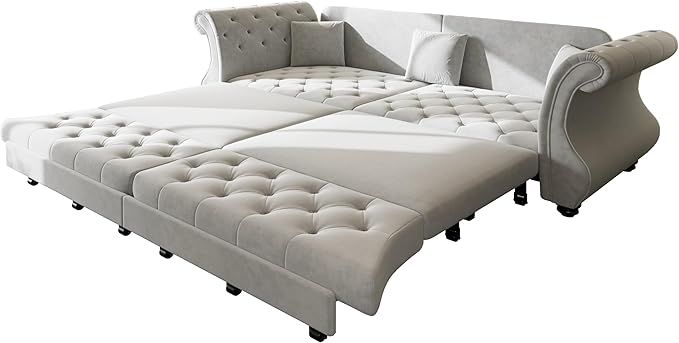 Eafurn Oversized 4-Seater Chesterfield Loveseat Convertible King Size Sleeper Couch Bed,Classic Tufted Velvet Pull Out Loveseat Sofa Bed with Roll Armrest and Solid Wood Legs