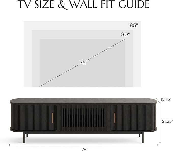 POVISON Fully-Assembled Mid Century Modern TV Stand, Sliding Tambour Door Entertainment Center with Storage, Wood TV Console, Media Console for Living Room Bedroom(Black, 78.74") - Image 4