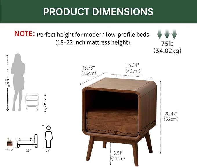 Walnut Night Stand Set of 2, Solid Wood Nightstand with Drawer, Walnut Bedside Table, Mid Century Modern Nightstand, Small Bed Side Table for Small Spaces Bedroom(Dark Black Walnut, 20.47" H) - Image 3
