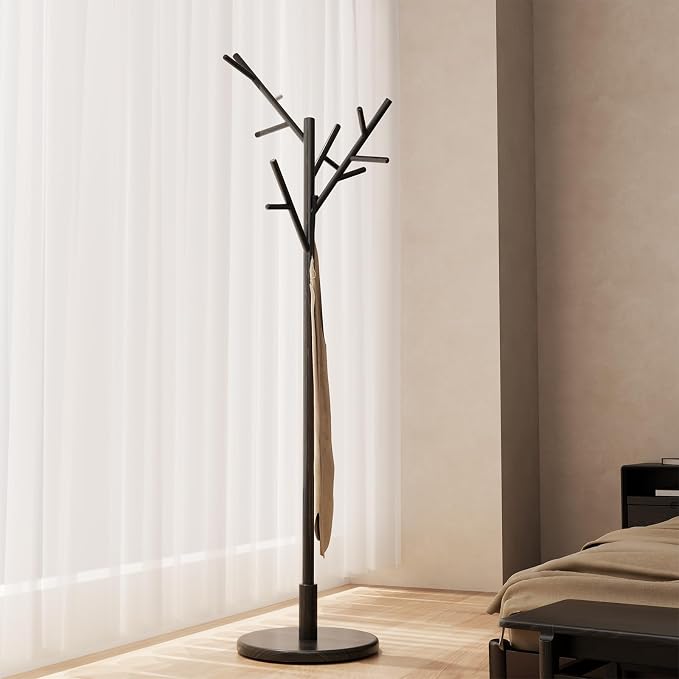 Muwuele Coat Rack, Solid Wood Coat Rack Freestanding with 12 Hooks, Coat tree freestanding 3 Adjustable Heights for coat, Hats, Handbags， Coat Stand for Entryway, Bedroom (Black) by Muwuele