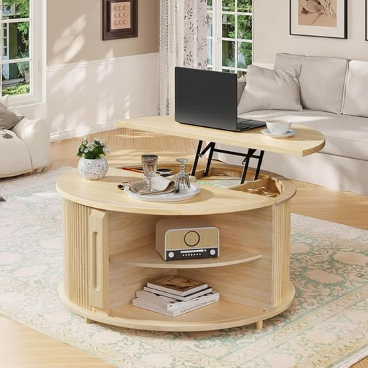 Round Lift Top Coffee Table, 31.5" Fluted Wood Lift Up Center Table with Sliding Door & Hidden Storage – Mid Century Modern Circle Coffee Table for Living Room, Apartmentm, Home Office (Natural)