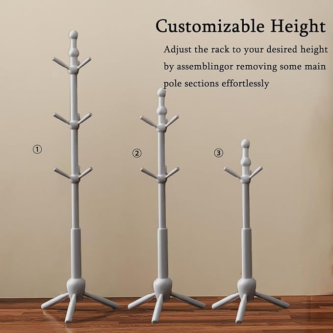 Solid Wood Coat Rack Stand, Vintage Heavy Duty Coat Hanger Stand with 9 Hooks, 3 Adjustable Size Sturdy Coat Tree for Living Room, Entryway, Office, Hallway, Grey - Image 5