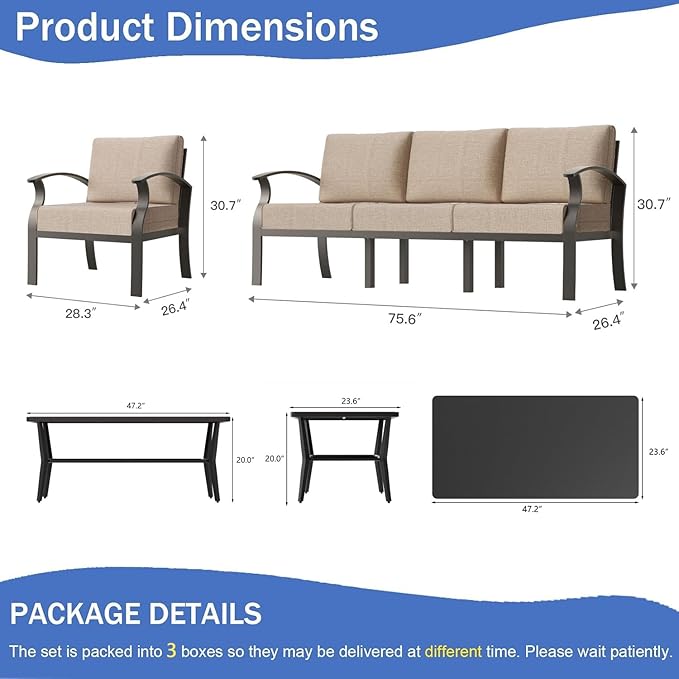 Aluminum Outdoor Patio Furniture Set,8 Seats Patio Conversation Sets with Rectangular Coffee Table,Metal Patio Sectional Furniture Set with 5.1" Thickened Cushions,Sand