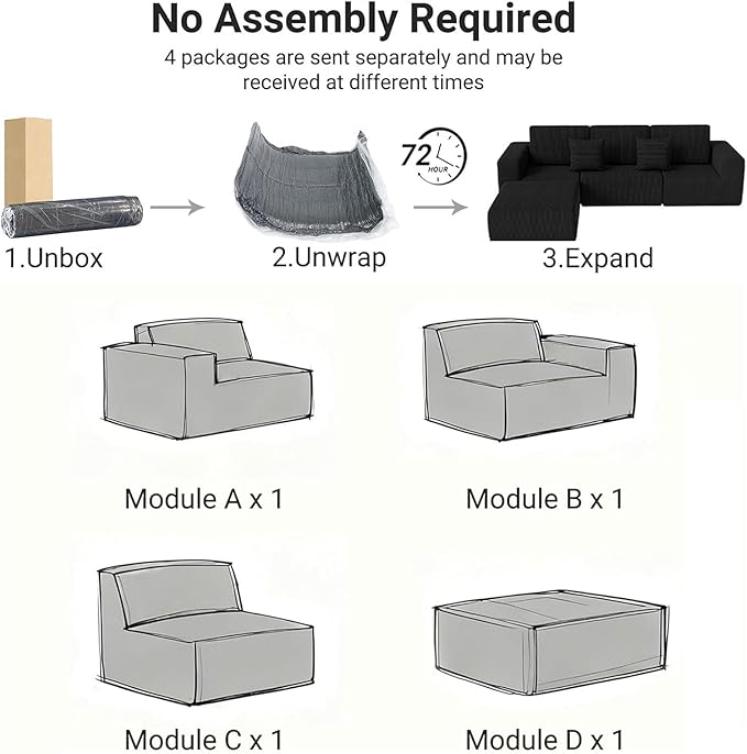 Modern Cloud Sectional Couches for Living Room, Convertible L-Shape Boneless Couches with Ottoman, 3 Seater Corduroy Modular Sectional Sofa with Pockets No Assembly (Black) | Sectional Couches, L-Shape Sofa, with Ottoman, No Assembly Required