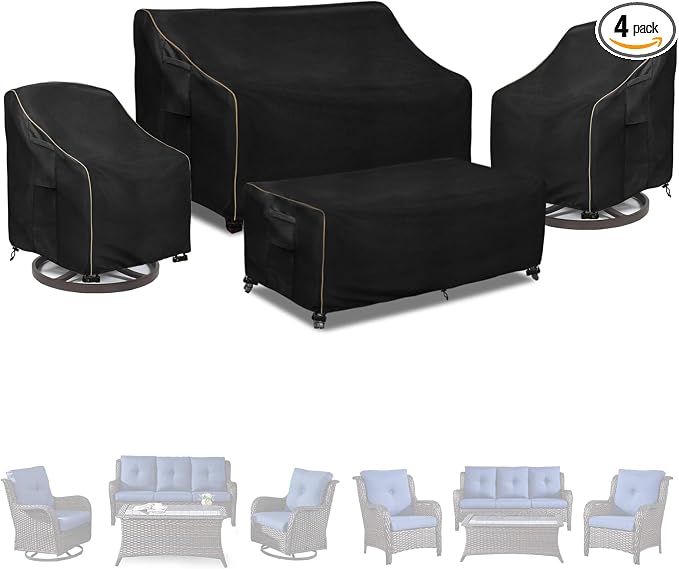 Patio Furniture Covers 4 Piece Set, 600D Heavy Duty Outdoor Furniture Covers Waterproof for Patio 3-Seater Sofa,Swivel Rocker Chair and Coffee Table Furniture Set,Black by LSongSKY