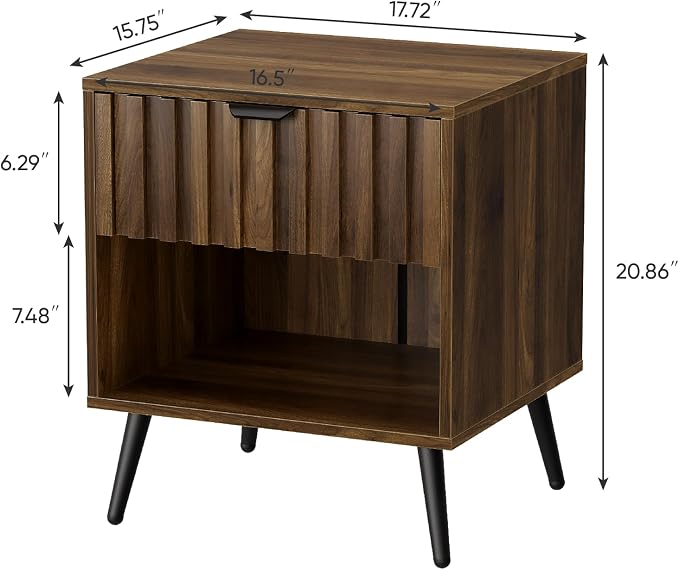 Smuxee Walnut Wooden Night Stand, Mid Century Nightstand with Fluted Drawer, Bedside Table with Open Shelf, Modern End Side Table for Bedroom - Image 2