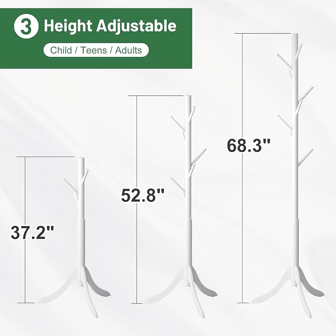 kiplant Coat Rack Stand with 8 Hooks, Adjustable Coat Standing Tree Easy Assembly for Coats, Hats, Scarves and Handbags for Entryway, Hallway, Bedroom, Office (Bamboo, White) - Image 6