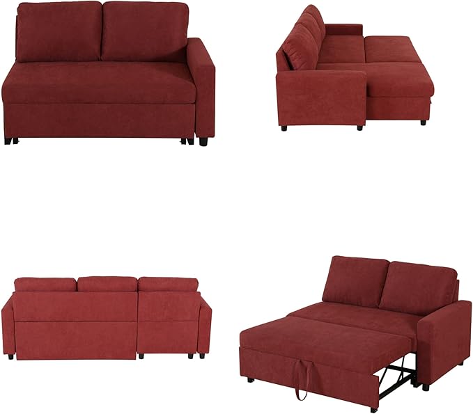 Convertible Sofa Bed Couch, 2 Seat Solid Wood Sectional Couches for Living Room with Storage, Sleeper Sofa Couch with Pullout Bed for Apartment, Red