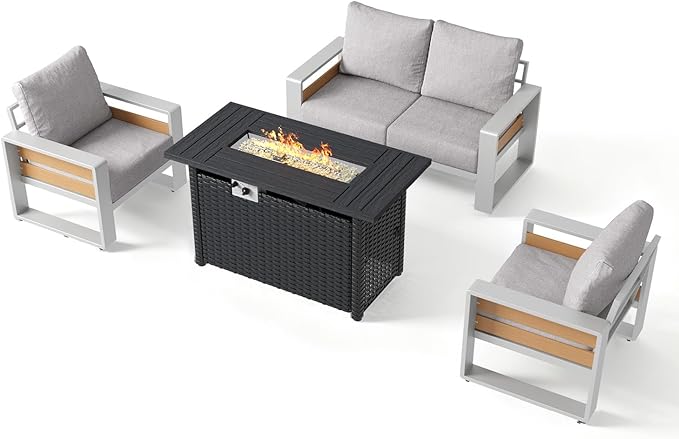 Aoxun Aluminum Patio Furniture Set with Fire Pit Table, 4 Piece Luxury Outdoor Sectional with 6" Olefin Fabric Cushions, Patio Conversation Sets with Waterproof Cover for Backyard, Porch Grey