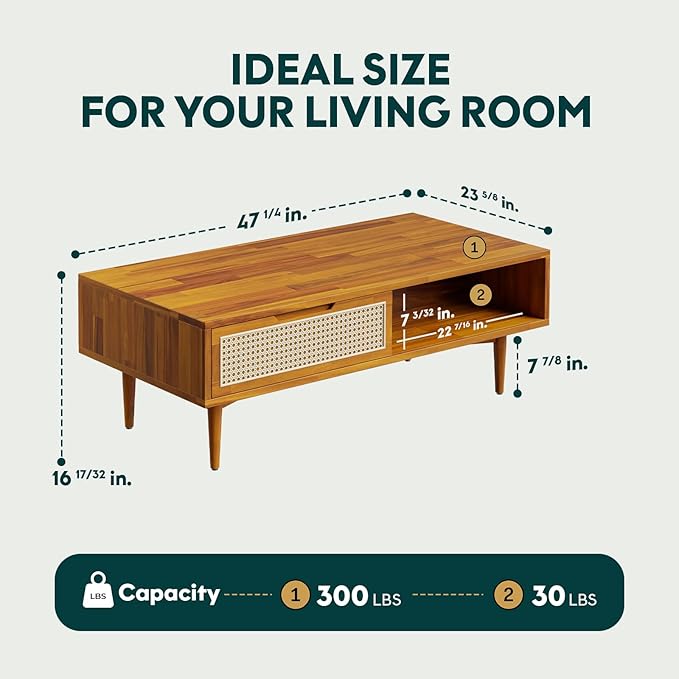 Bme Oliver Solid Wood Coffee Table with Rattan Accent – 2 Drawers and Open Shelf, Mid Century Storage Table with Adjustable Legs – Caramel