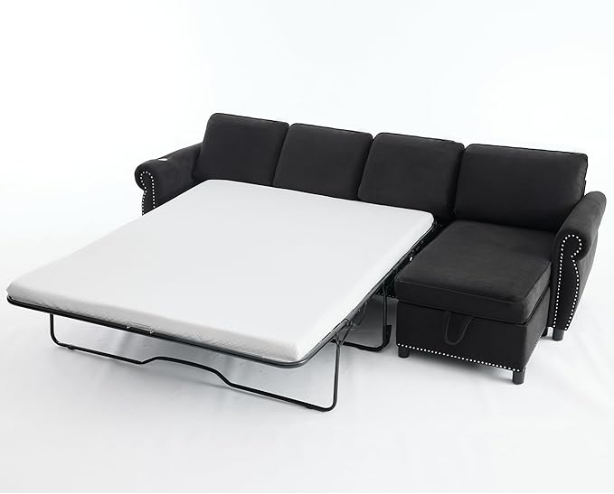 ERYE L-Shaped Reversible Sectional Sofa with Pull Out Queen Memory Mattress Sleeper Bed, 2-in-1 L-Shaped Corner Sectional Couches W/Wireless Charging, Storage Chaise Lounge