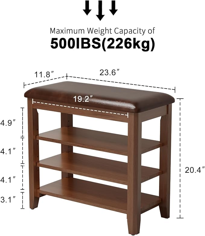 AQIMUELE Shoe Bench with Leather Cushion, 3 Tiers Shoe Storage Bench Height Adjustable, Walnut Wood Entryway Bench for Hallway, Mudroom - Image 2