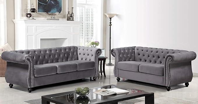 Feinstein Modern Velvet Chesterfield Couches for Living Room with Nailheads, Diamond Tufting & Durable Metal Frame, Loveseat, Gray