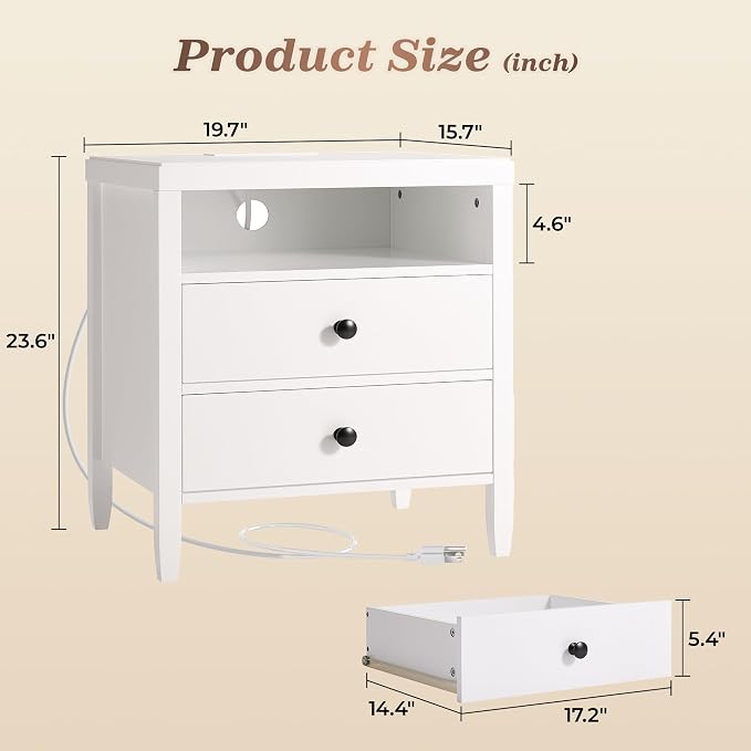Huuger White Nightstand Set of 2, Night Stand with Charger Station, Bedside Table with 2 Drawers, Bed Side Tables for Bedroom, Modern Nightstands, Metal Knobs, Painted Surface - Image 2