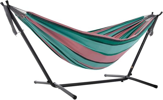 Vivere Double Cotton Hammock with Space Saving Steel Stand, Upgraded Polyester End Strings 450 lb Capacity - Premium Carry Bag Included - USA Grown Cotton (Watermelon) by Vivere
