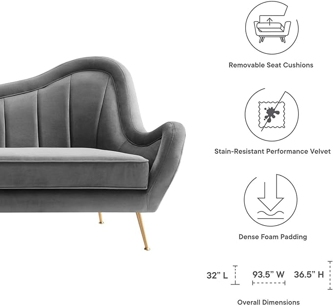 Modway EEI-5874-GRY Cheshire Channel Tufted Performance Velvet Sofa, Gray