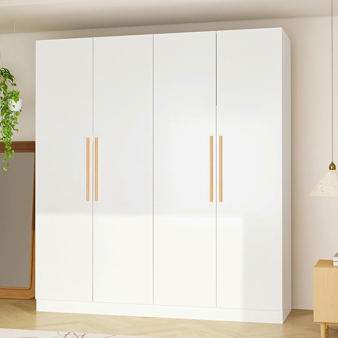 FUFU&GAGA Wardrobe Closet with 4 Doors, White Bedroom Armoire with Shelves, 2 Hanging Rods, Modern Clothes Storage Cabinet with Wood Handles for Guest Room Cloakroom, 63”W x 19.7”D x 69.7”H