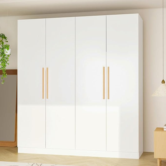 FUFU&GAGA Wardrobe Closet with 4 Doors, White Bedroom Armoire with Shelves, 2 Hanging Rods, Modern Clothes Storage Cabinet with Wood Handles for Guest Room Cloakroom, 63”W x 19.7”D x 69.7”H